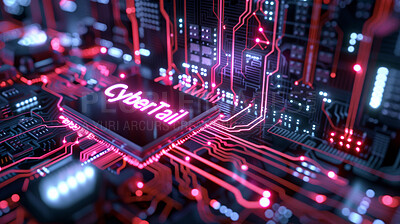 Network, circuit and motherboard of computer with cpu for cyber trail, abstract or cloud computing. Information technology, neon system and graphic of system for big data, encryption or cybersecurity