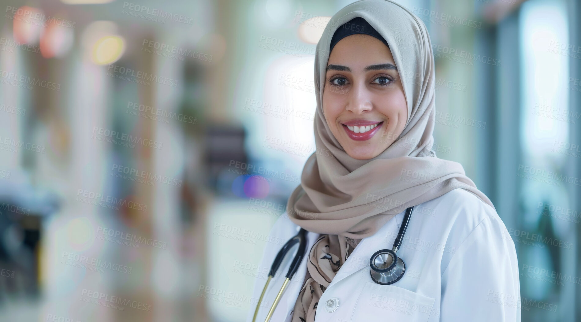 Buy stock photo Portrait, Muslim woman and doctor with healthcare, career ambition and confidence in hospital. Face, Islamic person or employee with medical, professional  and hijab with pride, physician or medicare