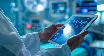 Hands, doctor and tablet with screen for cardiogram in hospital, heart monitor and blood vessels. Healthcare, cardiology or technology for analysis, health or wellness information with medical person