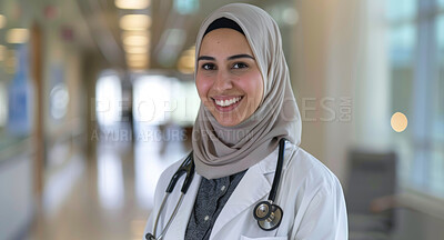 Portrait, Muslim woman and doctor with healthcare, smile and career ambition in hospital. Face, Islamic person or employee with medical, professional and hijab with confidence, physician or medicare