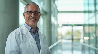 Medical, doctor and mature man in hospital, portrait and healthcare with science, employee and proud. Clinic, expert and glasses for vision, smile and uniform for professional, confidence and work