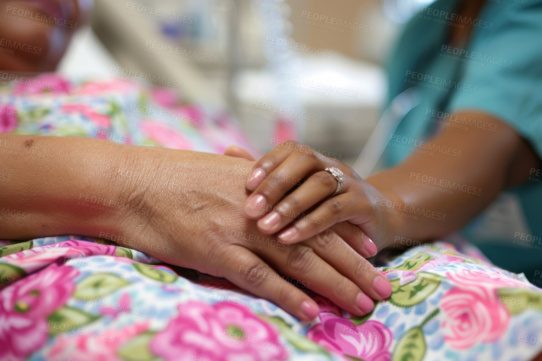 Buy stock photo Patient, hands and nurse support on hospital compassion or medical diagnosis, comfort or consultation. Person, caregiver and health insurance as rehabilitation volunteer or trust, kindness or empathy