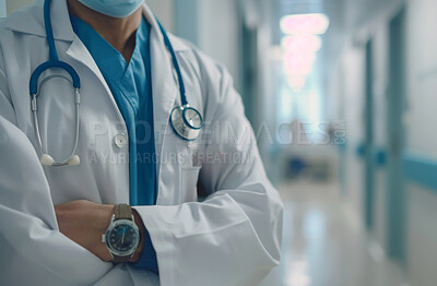 Healthcare, doctor or arms crossed with stethoscope in hospital for wellness appointment, trust or surgery. Closeup, medical worker or cardiology with pride for checkup, consulting or professional