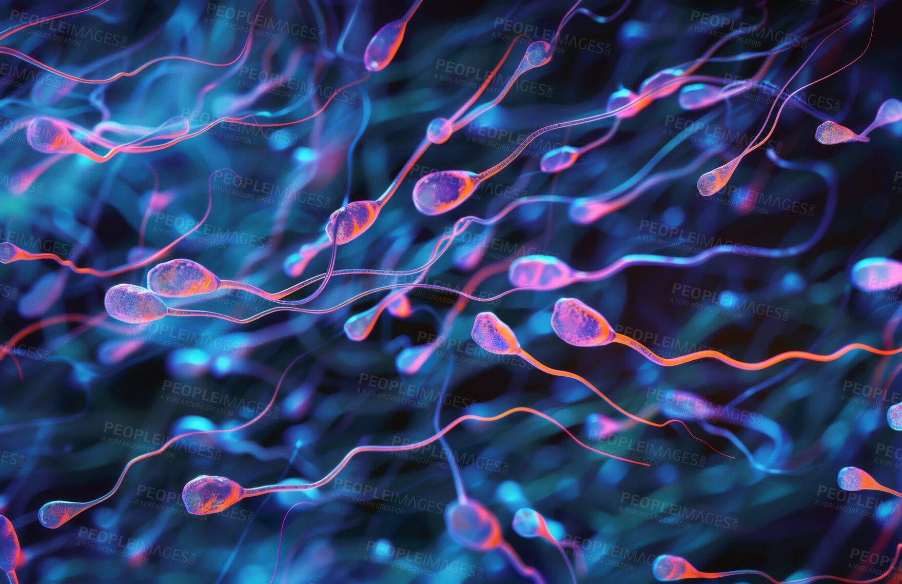 Buy stock photo Sperm, swim and neon illustration of cells for reproduction or pregnancy, genetic and fertilisation for contraception. Seminal fluid, macro and spermatogenesis with mitochondria for movement and atp.