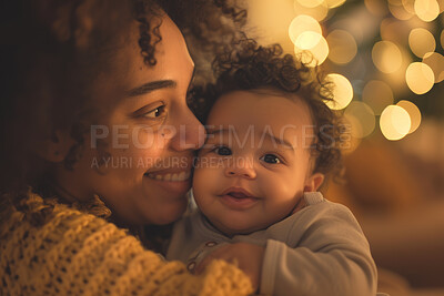 Buy stock photo African woman, hug and baby happy together, mothers day and appreciation with love for childhood development. Embrace, child and bonding for care with family, growth and affection with parent