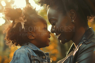 Buy stock photo African woman, park and child together, mothers day and appreciation with love in nature. Embrace, kid and bonding for care and black family on vacation, happy and affection or parent for childhood