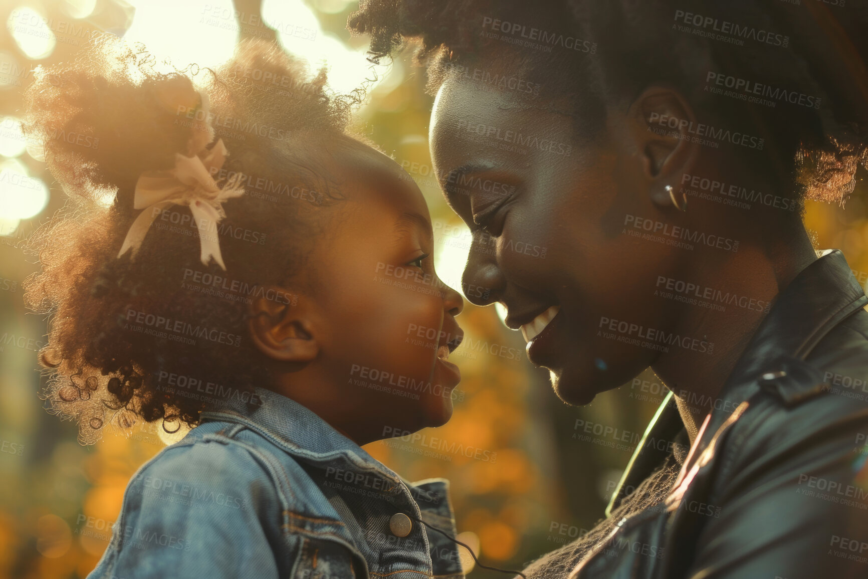 Buy stock photo African woman, park and child together, mothers day and appreciation with love in nature. Embrace, kid and bonding for care and black family on vacation, happy and affection or parent for childhood