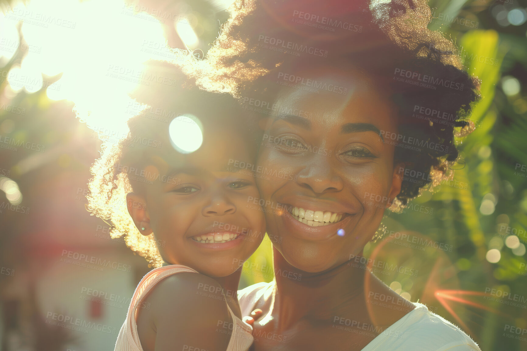Buy stock photo Black woman, child and hug portrait in nature, mothers day and appreciation with love in garden. Embrace, kid and bonding for care with African family on vacation, cheerful and affection with parent
