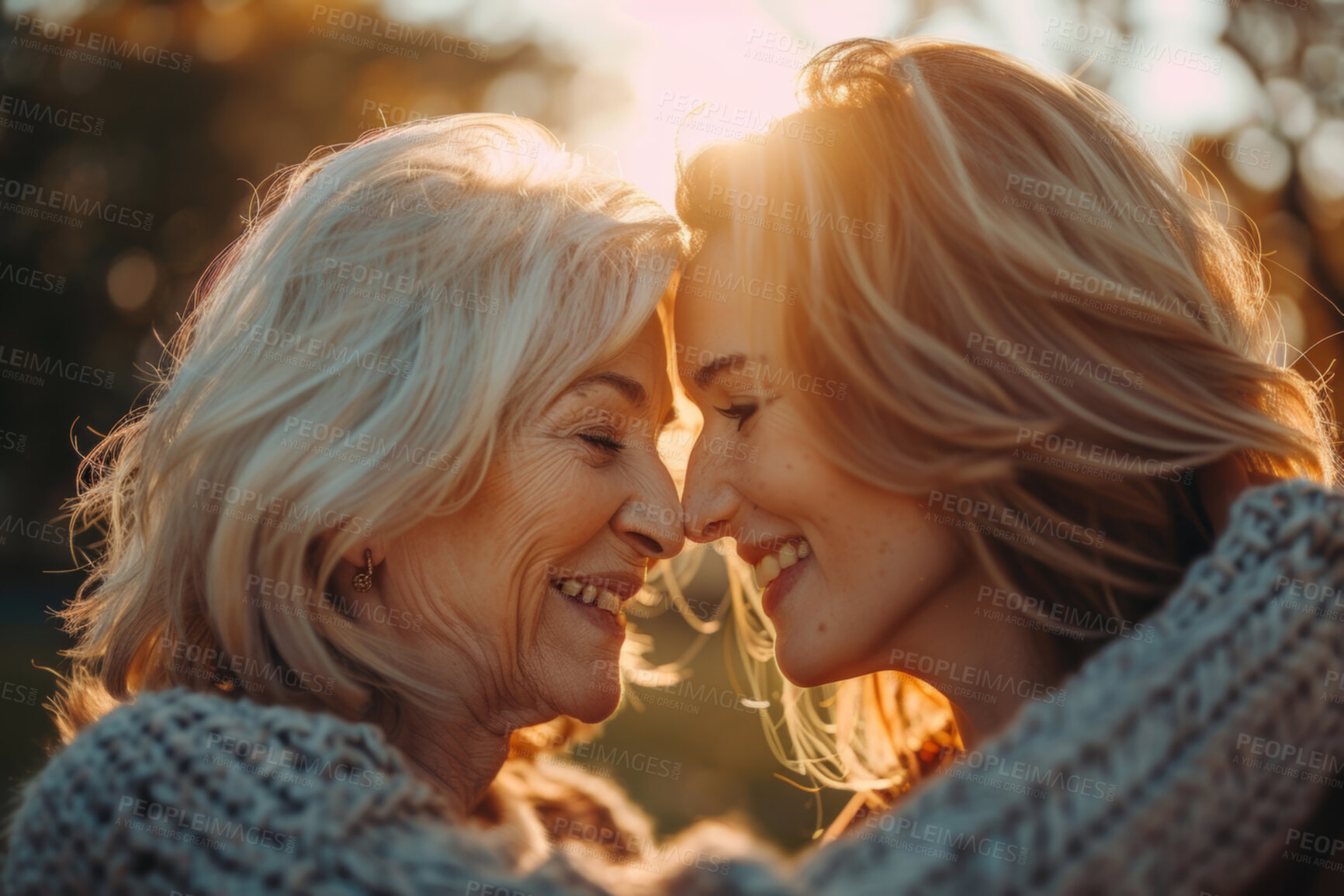 Buy stock photo Face, happy or smile with mama and daughter outdoor in forest for autumn mothers day celebration. Family, love or together with senior parent and adult child bonding in park or woods for relationship