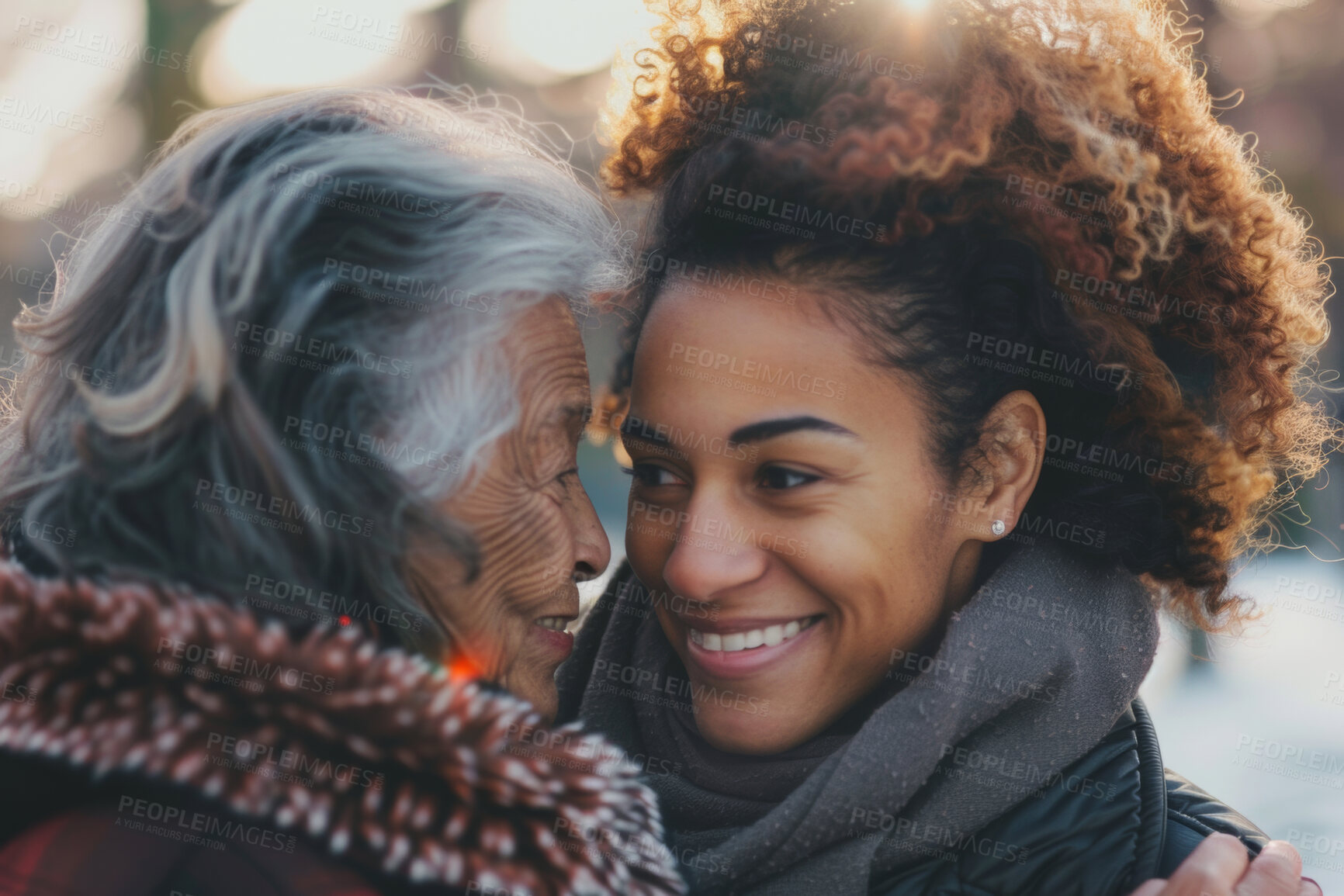Buy stock photo Black family, face or smile with mom and daughter outdoor in forest for mothers day celebration. Happy, love or together with woman parent and adult child bonding in garden or park for relationship