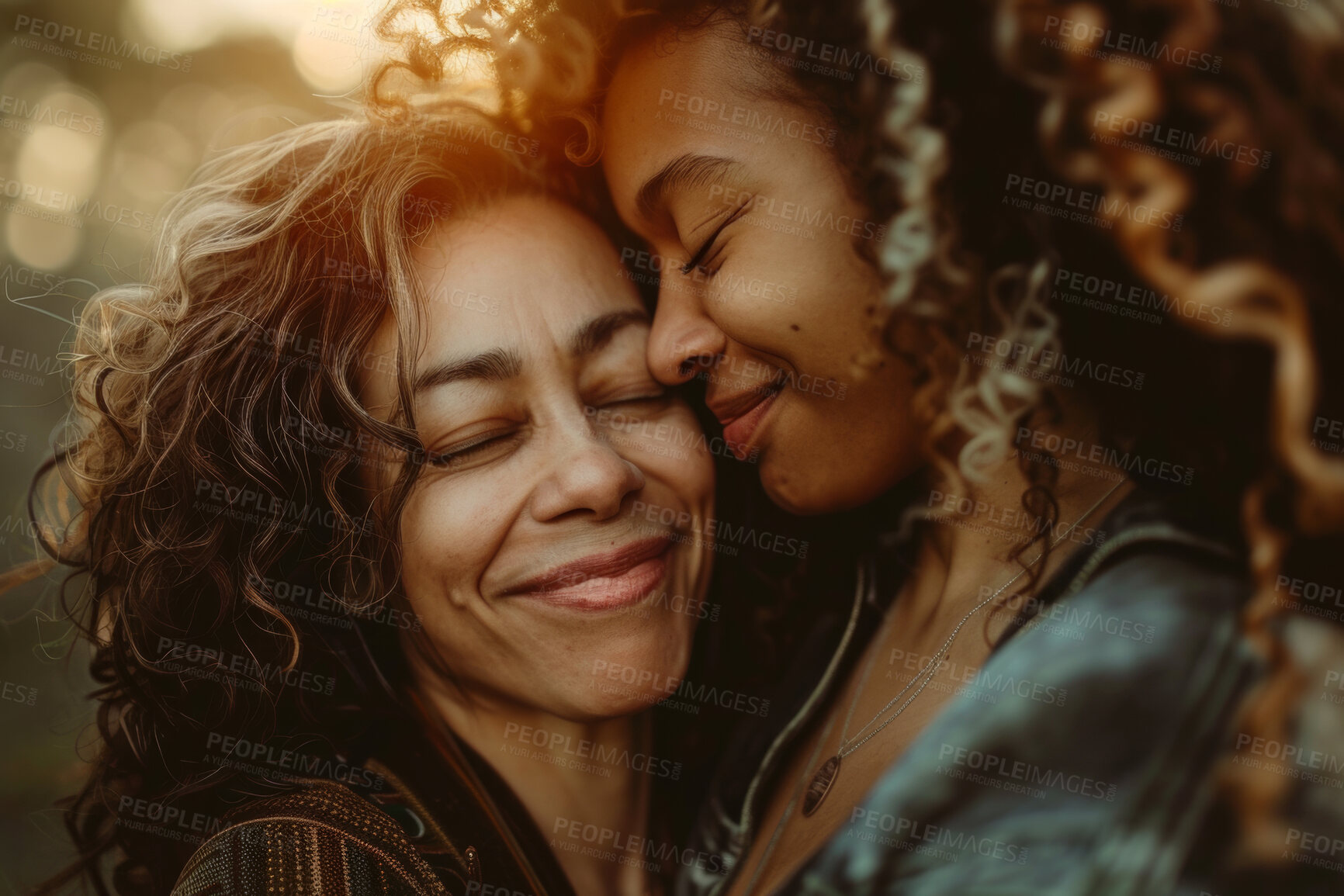 Buy stock photo Face, happy or hug with mom and daughter outdoor in forest for autumn mothers day celebration. Family, love or smile with woman parent and adult child bonding in garden or park for relationship