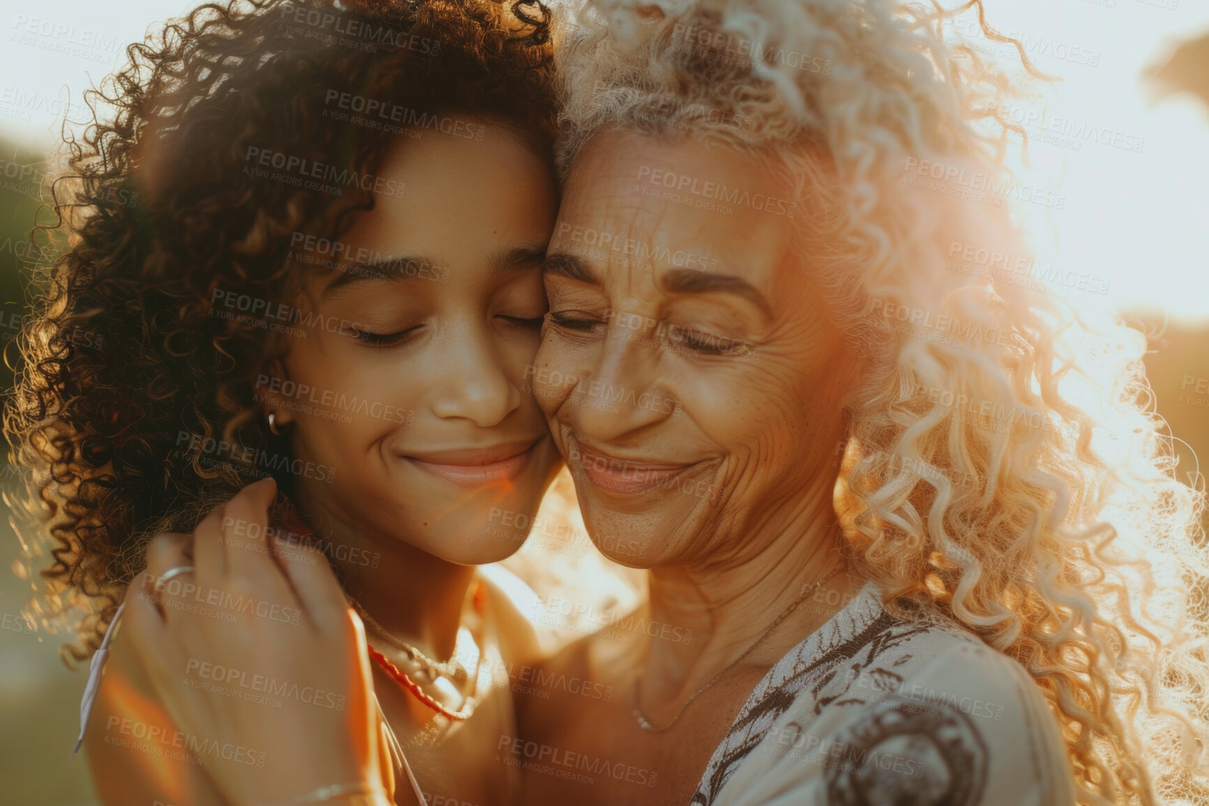 Buy stock photo Happy, hug or smile with mom and daughter outdoor in nature for autumn mothers day celebration. Face, black family or love with senior parent and adult child bonding in park for relationship together