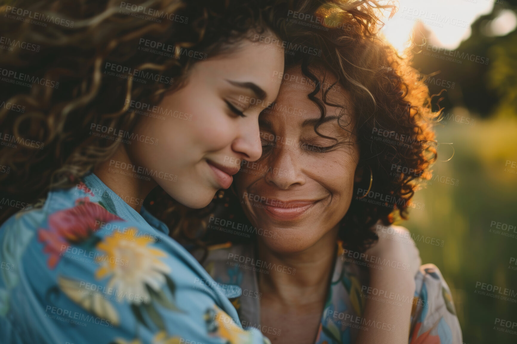 Buy stock photo Face, hug or love with mom and daughter outdoor in forest for autumn mothers day celebration. Family, happy or smile with woman parent and adult child bonding in garden or park for relationship