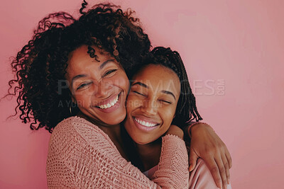 Buy stock photo Black woman, mom and girl with smile or hug in studio on pink background for mothers day, appreciation and support. Parent, daughter and happy with care, love and affection or gratitude as family