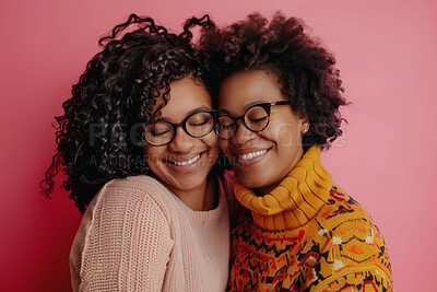 Buy stock photo Black woman, mom and daughter with smile in studio on pink background with eyes closed for mothers day, appreciation and support. Parent, gratitude and happy with care, love and affection as family
