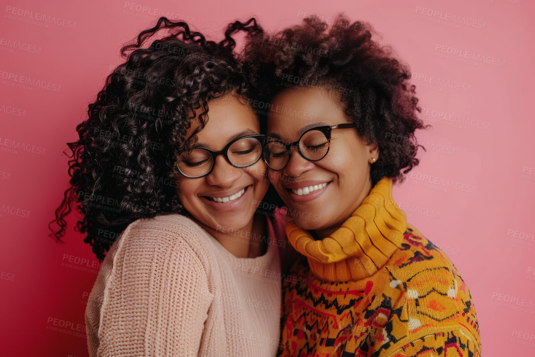 Buy stock photo Black woman, mom and daughter with smile in studio on pink background with eyes closed for mothers day, appreciation and support. Parent, gratitude and happy with care, love and affection as family
