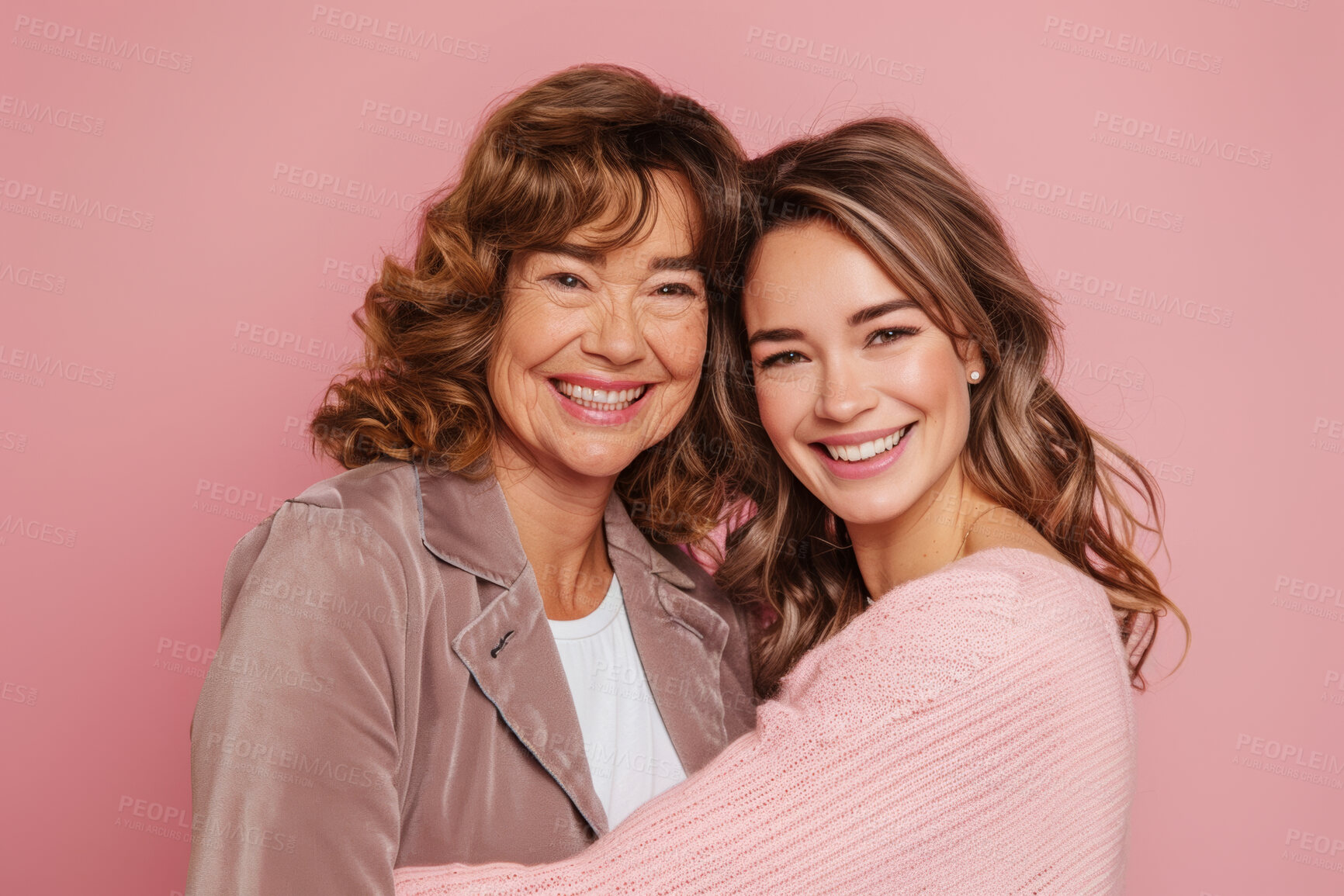 Buy stock photo Mature, mom and daughter for hug with portrait for smile or happiness for family picture. Motherhood, respect and relationship with parent, pink background and love in confidence or positivity