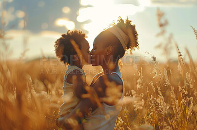Buy stock photo Black woman, mom and child with love in field with kiss for happiness for family with maternal bond. Motherhood, development and relationship with eternal devotion, compassion and adoration or happy