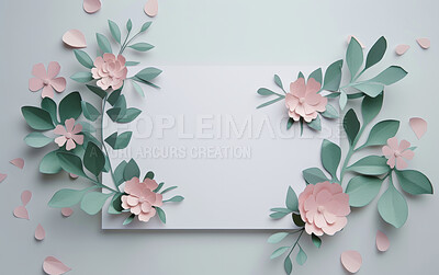 Buy stock photo Abstract, mockup and blank paper with pink flowers and leaves for writing or love letter. Note, creative and nature with floral design, custom birthday card and thank you or wedding invitation