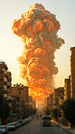 Explosion, destruction and mushroom cloud in city from nuclear attack with fire and smoke for abstract background. War, flame and bomb impact in urban street for apocalypse, burning from atom weapon
