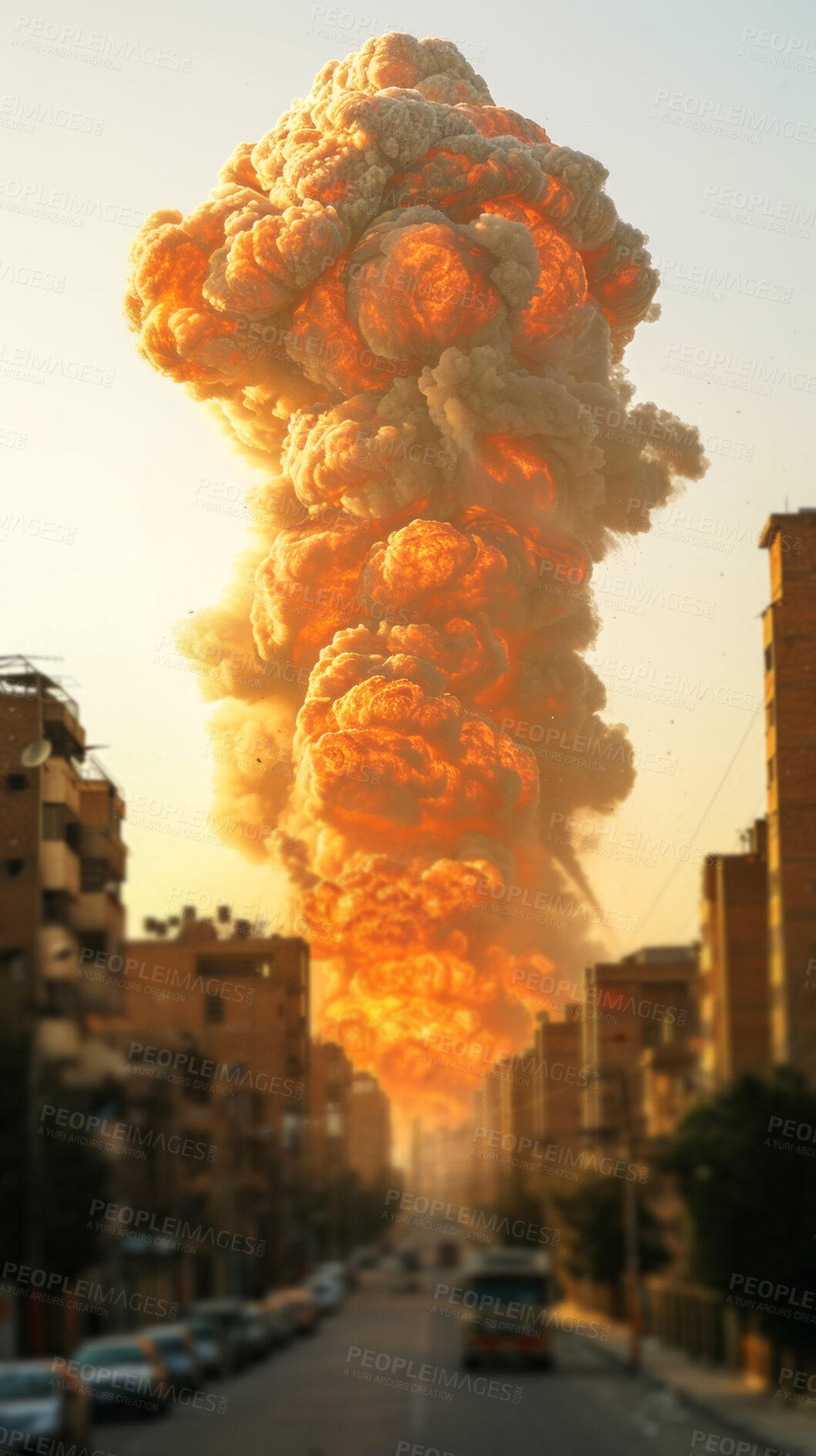 Buy stock photo Explosion, destruction and mushroom cloud in city from nuclear attack with fire and smoke for abstract background. War, flame and bomb impact in urban street for apocalypse, burning from atom weapon