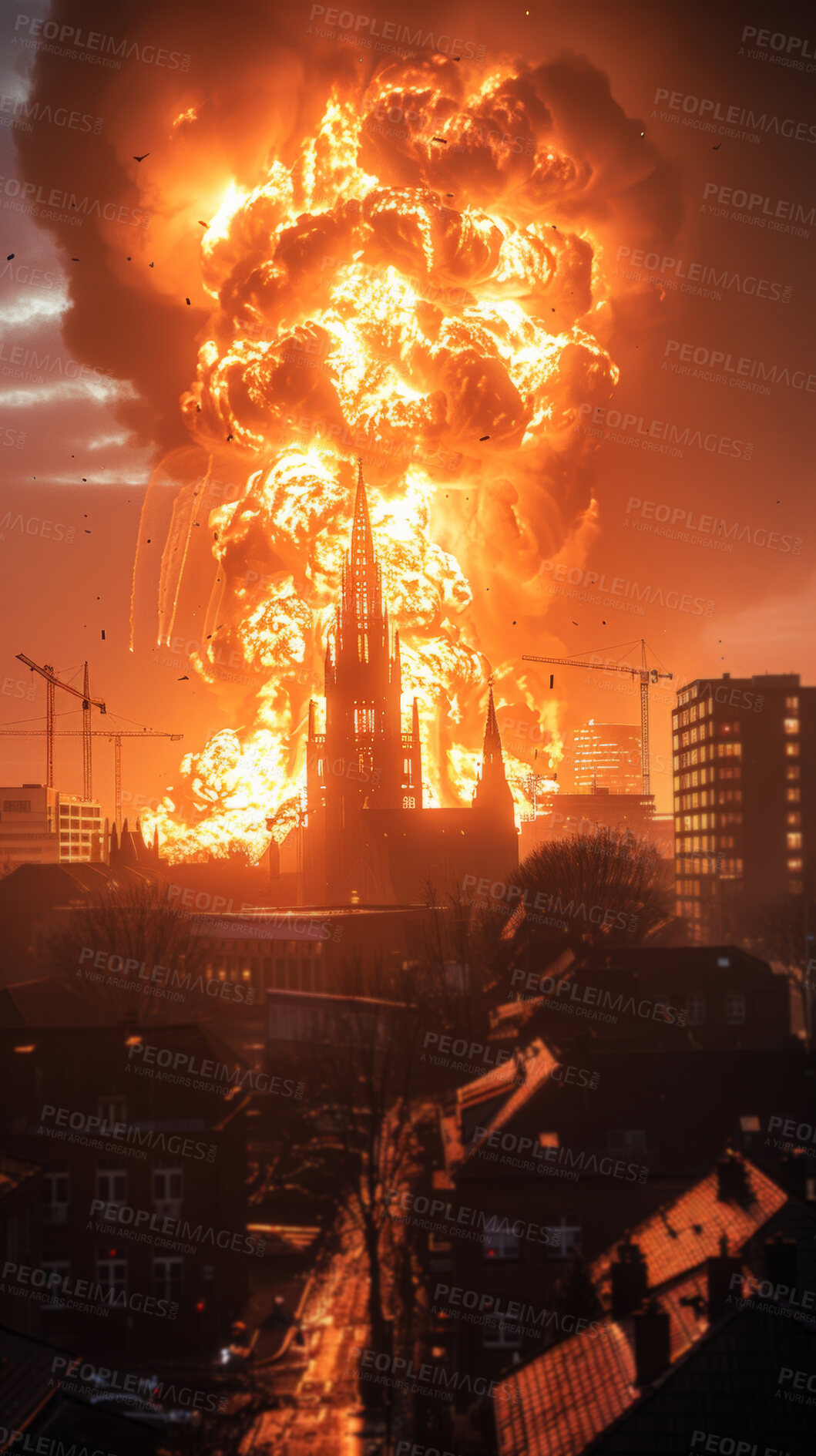 Buy stock photo Building explosion, night and city on fire with apocalypse for nuclear war, disaster management and mushroom cloud. Urban town, dark and orange flames with atom bomb for violence and arson in USA