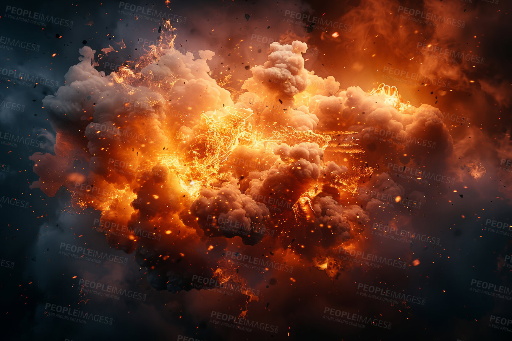 Buy stock photo Fire, abstract and explosion for danger, destruction and burning energy with smoke. Inferno, fireball and thermal glow with orange flare, background or fuel for hell flame or chaos disaster wallpaper