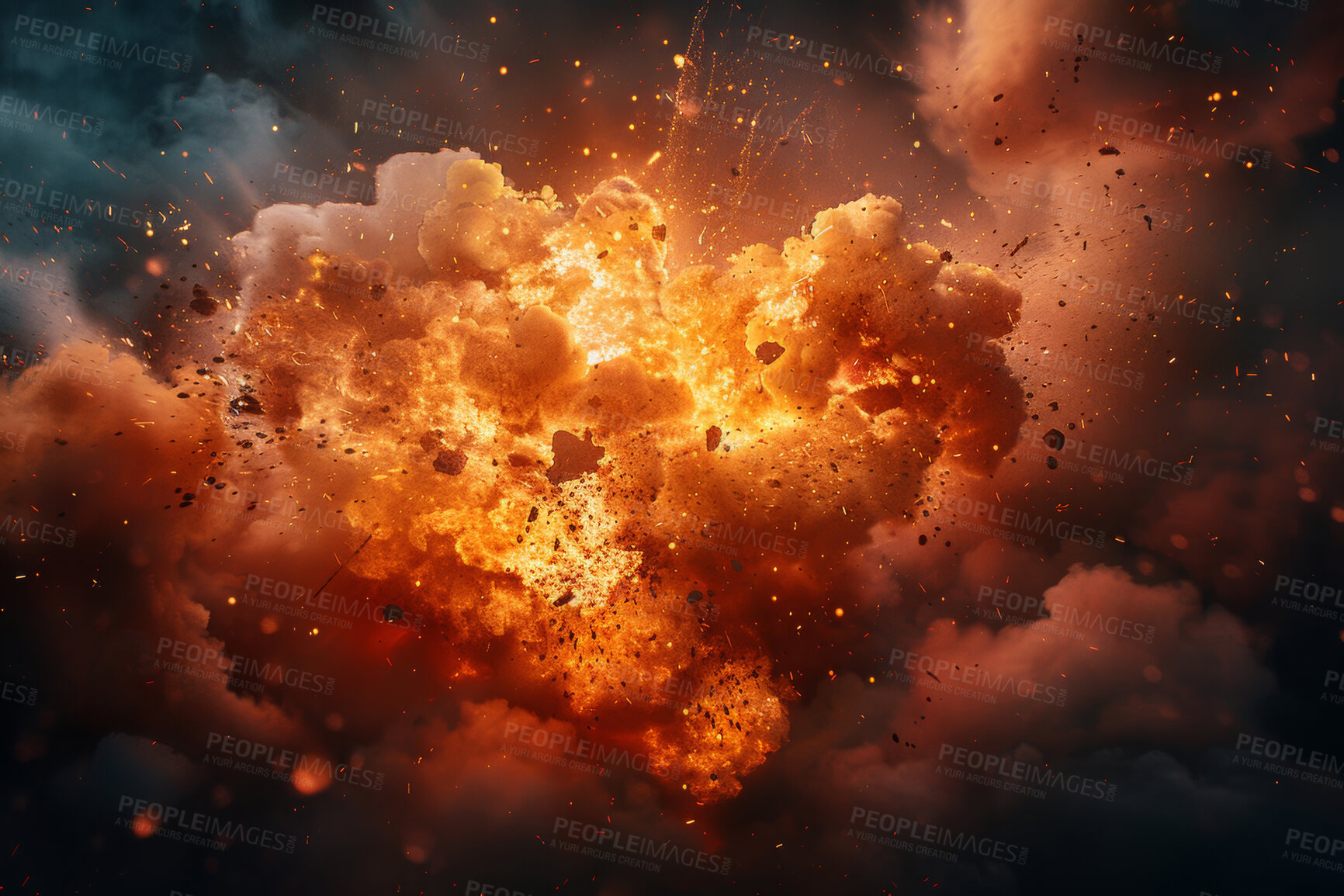 Buy stock photo Fire, abstract and inferno for danger, destruction and burning energy with smoke. Explosion, fireball and thermal glow with orange flare, background or fuel for hell flame or chaos disaster wallpaper