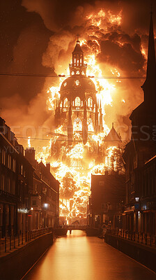 Buy stock photo Fire, building and explosion for danger, destruction and burning energy with smoke. Inferno, fireball and thermal glow with orange flare, background or fuel for hell flame or chaos disaster wallpaper