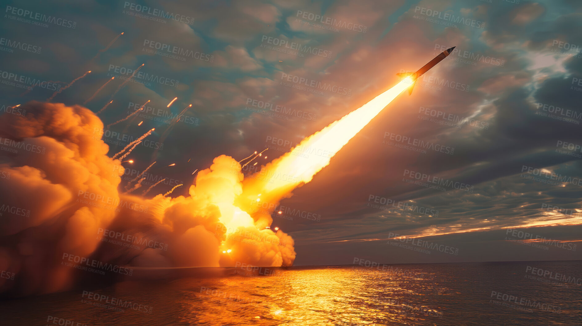 Buy stock photo Fire, rocket and launch in ocean with smoke for space or satellite exploration, light and fast. Beach, scientific and galaxy spaceship for research, futurist and discovery with sky and night