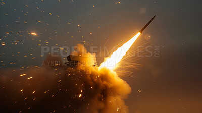 Fire, rocket and spacecraft in sky with smoke for space or satellite exploration, light and fast. Fireball, scientific and launch spaceship for research, futurist and discovery with blast at night