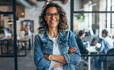 Crossed arms, pride and portrait of woman in office with positive, good and happy attitude. Smile, confident and female graphic designer with creative career in startup workplace in New York.