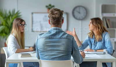 Buy stock photo Man, business and back with office, meeting and discussion for professional erp collaboration. Creative worker, teamwork and planning for company update, feedback and communication in workspace