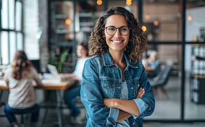 Crossed arms, smile and portrait of business woman in office with positive, good and confident attitude. Happy, pride and female graphic designer with creative career in startup workplace in New York