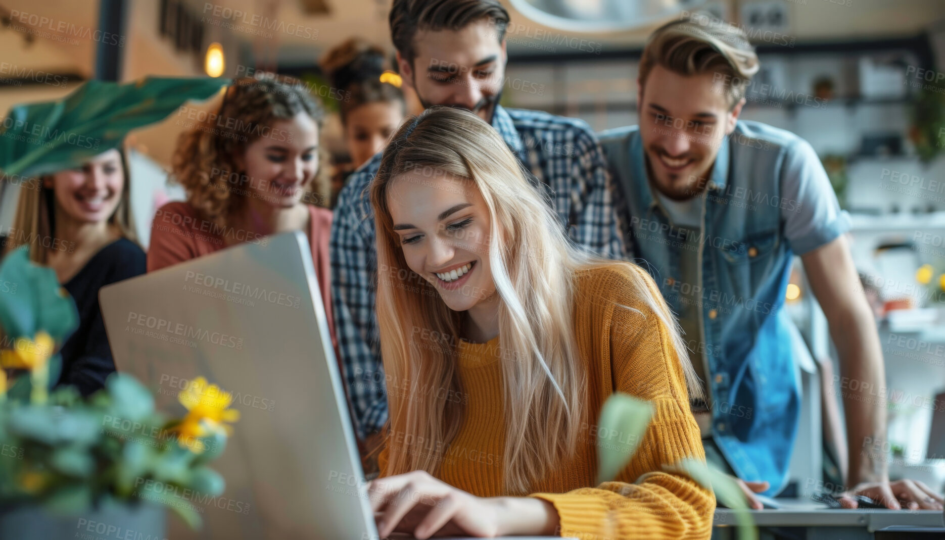 Buy stock photo Woman, business and smile with office, advice and discussion for professional erp collaboration. Creative worker, teamwork and planning for company update, feedback and communication in workshop