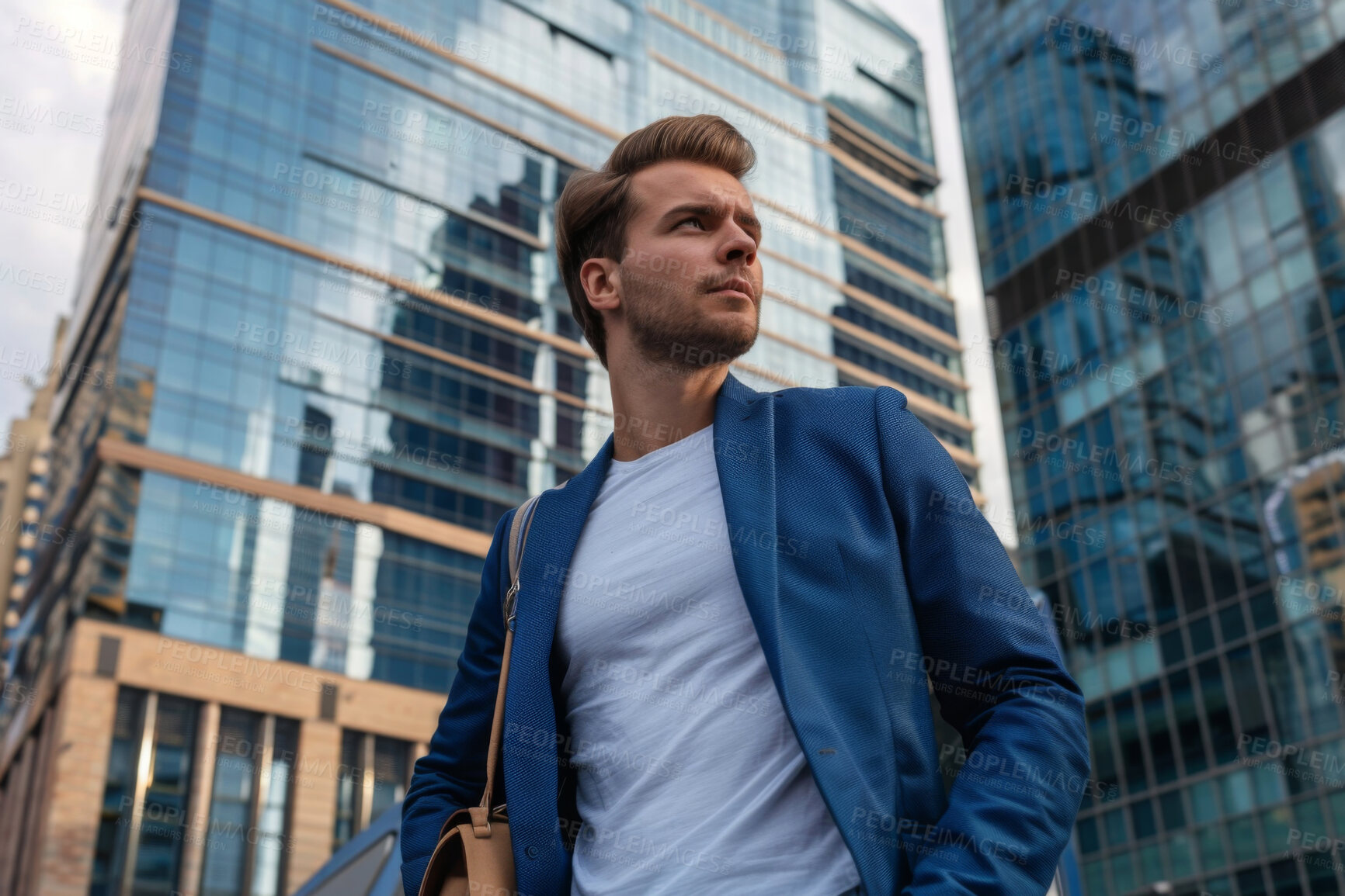 Buy stock photo Building, city and thinking with business man outdoor on street for morning commute to work. Future, travel and vision with confident professional employee in urban town for new job opportunity