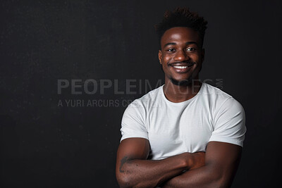Businessman, portrait and creative or smile in studio, entrepreneur and startup employee for agency. Confident, blackman on black background, happy and mockup space with African professional