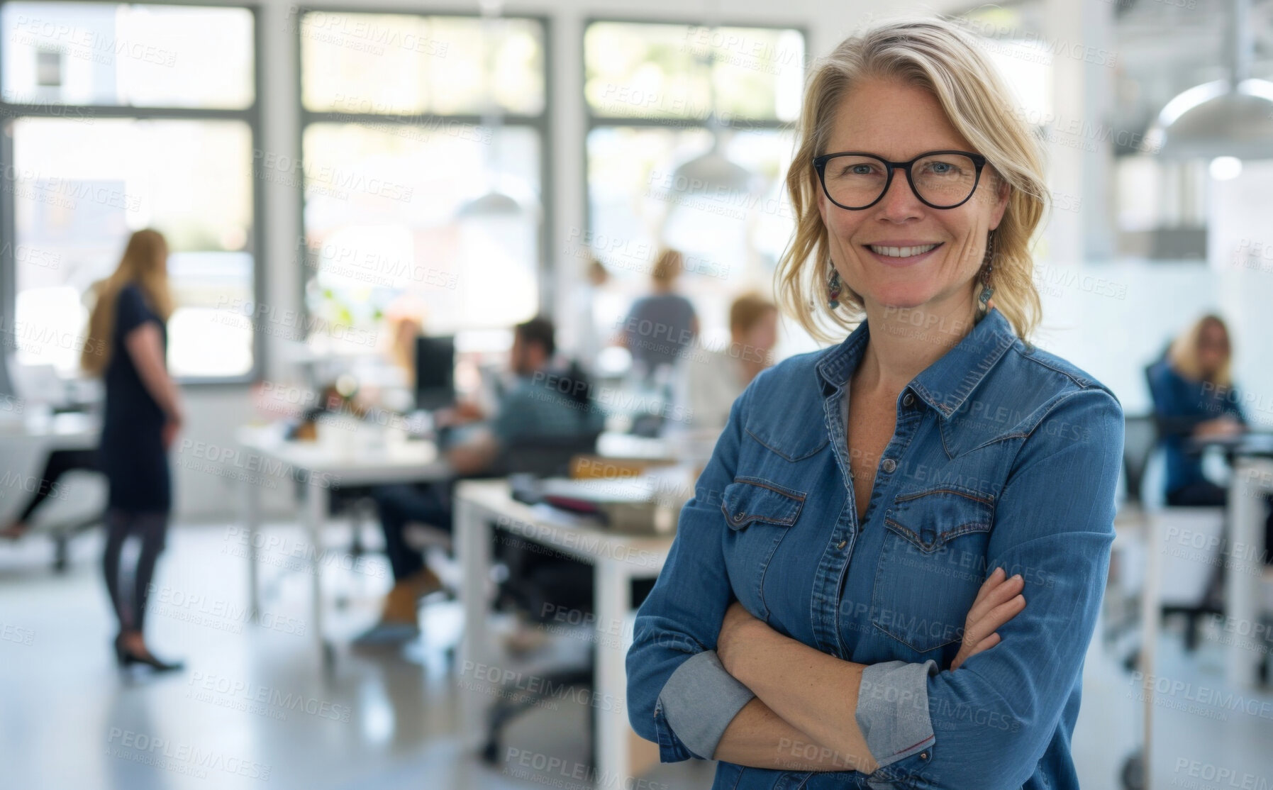 Buy stock photo Confident, smile and portrait of woman in office with positive, good and pride attitude. Happy, crossed arms and professional graphic designer with creative career in startup workplace in New York.