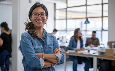 Crossed arms, happy and portrait of business woman in office with positive, good and confident attitude. Smile, pride and Asian graphic designer with creative career in startup workplace in New York.