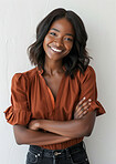 Black woman, portrait and creative or happy in studio, entrepreneur and startup employee for design agency. Confident, businesswoman on white background, smile and mockup with African professional