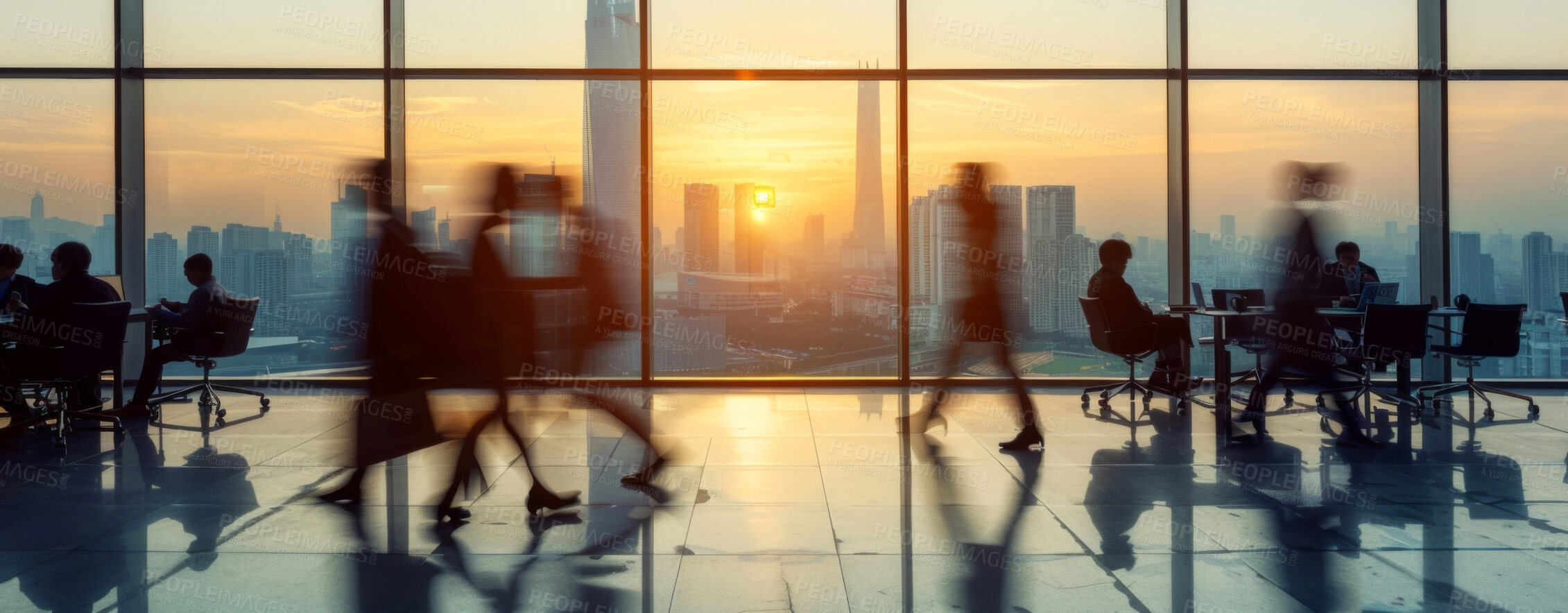 Buy stock photo Building, motion blur and window of office with business people in downtown lobby for work. Busy, company and corporate with employee group walking in workplace for professional occupation in city