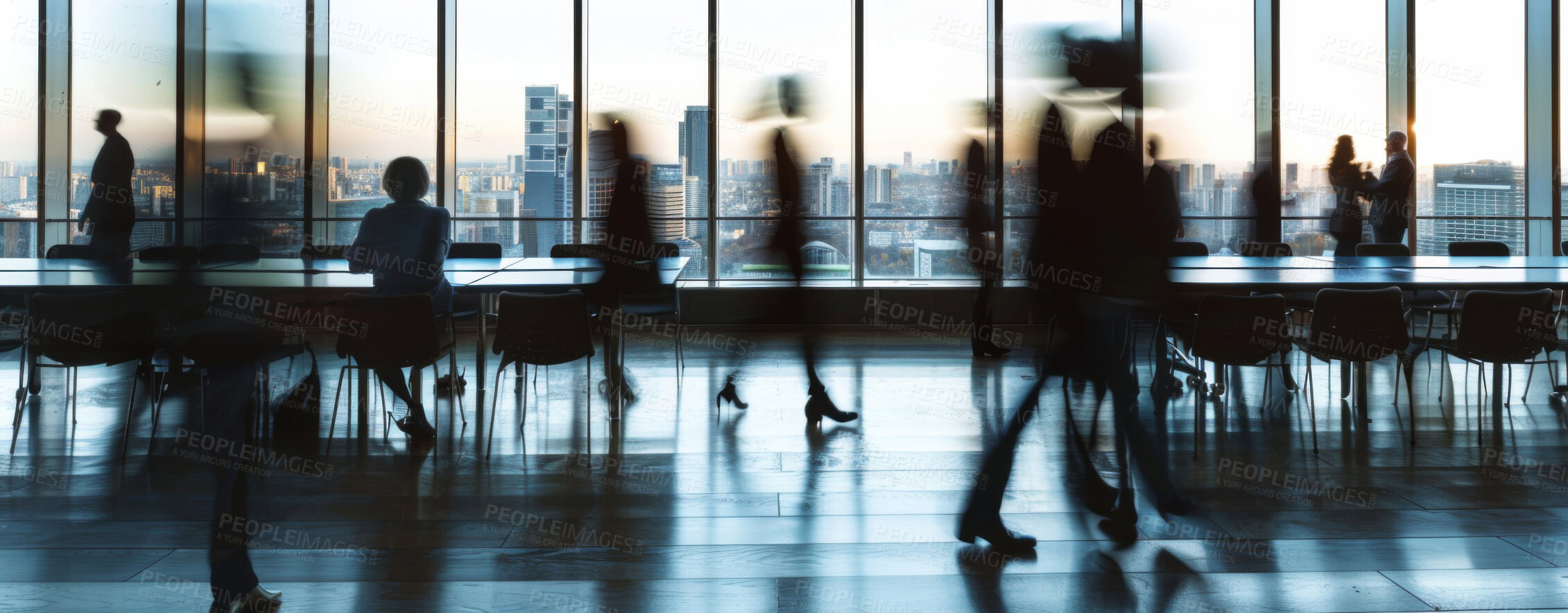 Buy stock photo Corporate, motion blur and lobby of office with business people at downtown window for work. Building, busy and company with employee group walking in workplace for professional occupation in city