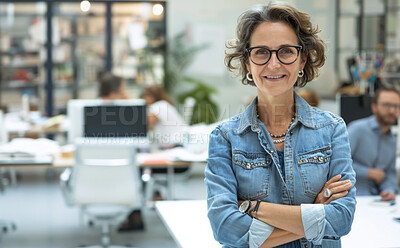 Business, office and portrait of woman with arms crossed for project management, career and leadership. Confident, smile and mature manager with pride at work for creative agency, job and company