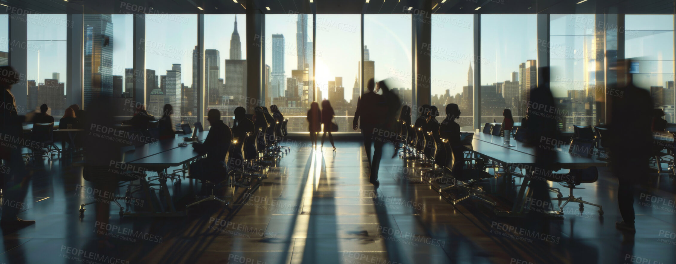 Buy stock photo Business people, motion blur and rush with busy movement for startup company in office with skyline view. Corporate group, team and crowd with productive hurry, speed walk and action for growth