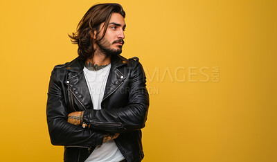 Fashion, thinking and man with leather jacket, studio and worker of creative, company and banner. Backdrop, stylish and employee of business, designer and clothes for work, trendy and startup