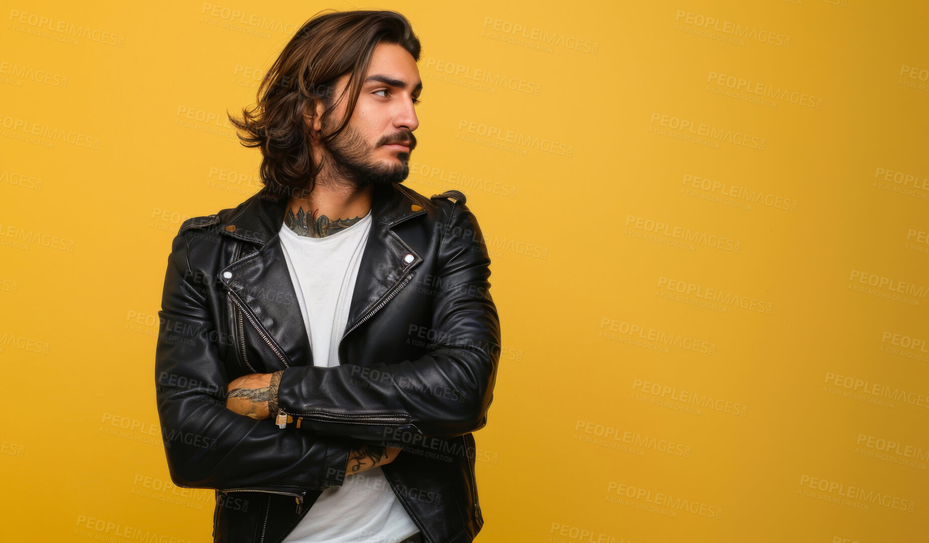 Buy stock photo Fashion, thinking and man with leather jacket, studio and worker of creative, company and banner. Backdrop, stylish and employee of business, designer and clothes for work, trendy and startup