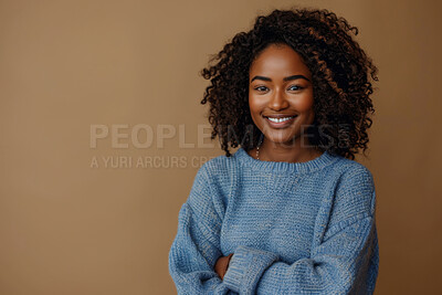 Portrait, business and black woman with arms crossed in studio isolated on brown background mockup space. Face, happy professional and confident creative entrepreneur or designer at startup in Kenya