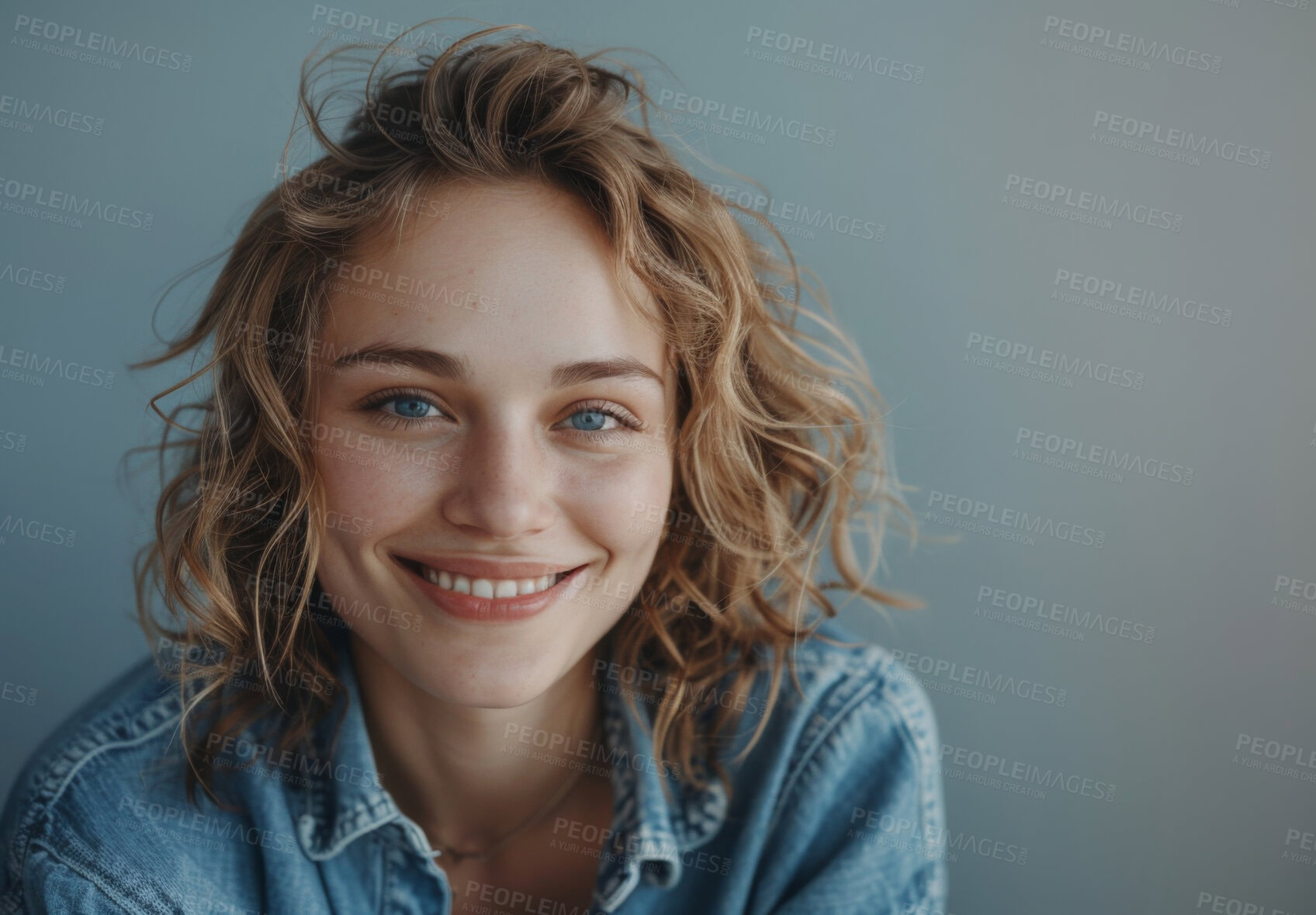 Buy stock photo Happy woman, confidence and smile in portrait with mockup space isolated in gray background. Female person or Canadian student and face with happiness for college experience and learning in studio