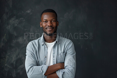 Businessman, portrait and creative or happy in studio, entrepreneur and startup employee for agency. Confident, blackman on black background, smile and mockup space with African professional