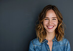 Portrait, woman and happy by studio background for mindset, creative career and designer. Gen z girl, isolated smile and entrepreneur with mockup for startup, mission and professional goals in Canada